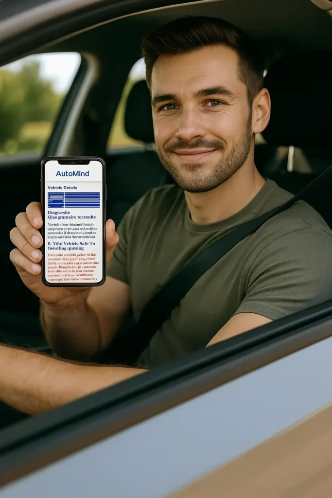 Smiling man sitting in his car holding a smartphone displaying an AutoMind diagnostic report, symbolising confidence and clarity after receiving vehicle fault insights.